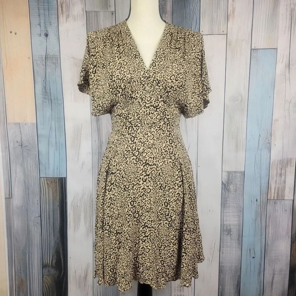 Seed Cheetah Print Smocked Dress Short Flare Sleeves Size 6
